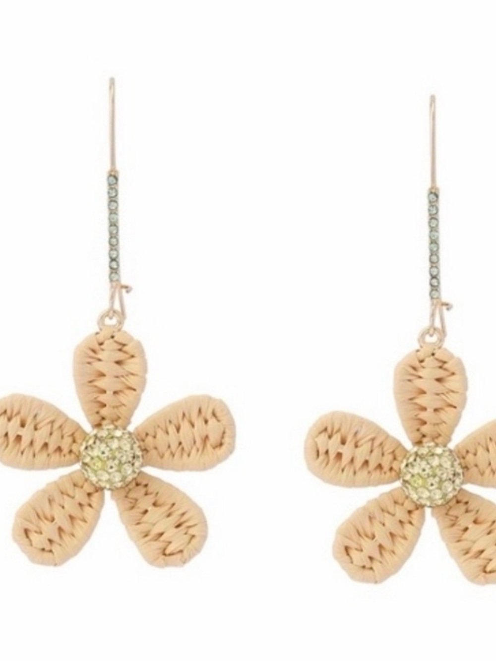 Betsey Johnson Woven Flower Drop Earrings in Beige with Crystal Center